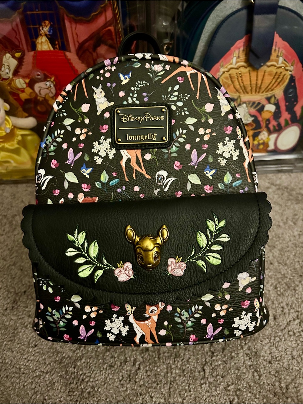 Loungefly Black Bambi Floral Mini Backpack with Gold Charm